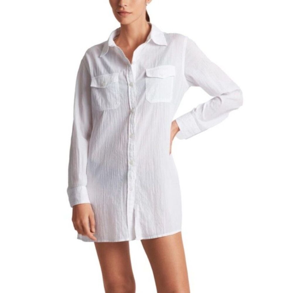 Lauren Ralph Lauren Women's White Crinkle LS Button Up Cover-Up Tunic Size 2X
